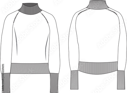  loose slouchy turtleneck high neck ribbed long sleeve sweater technical drawing flat sketch