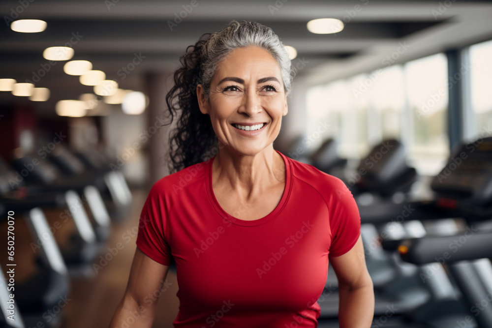 A beautiful strong Latin woman is running concentrated and smiling in a beautiful gym ; a fit senior person