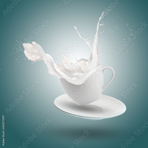 Milk wave splashing out of cup on blue background.