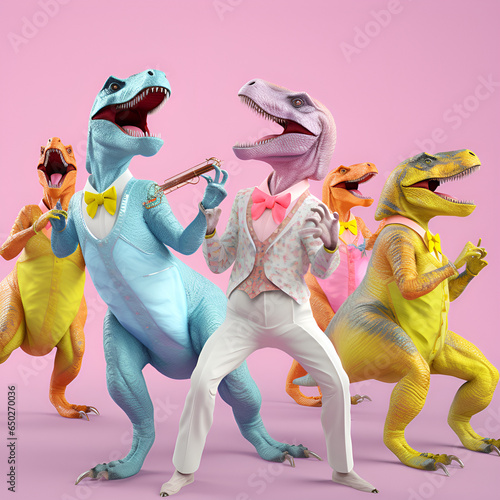 Put on a dinosaur costume Dancing mascot costume happy party fun. Generative AI © PLA  Graphics