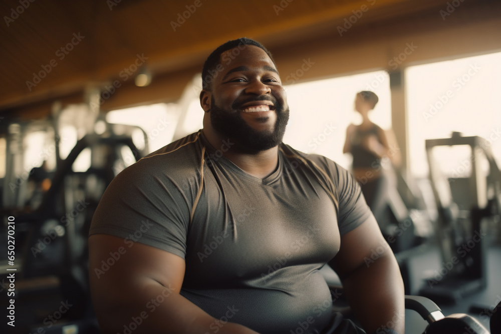 A beautiful strong and fit African American man is exercising concentrated and smiling with dumbnells in a beautiful gym ;an obese young person