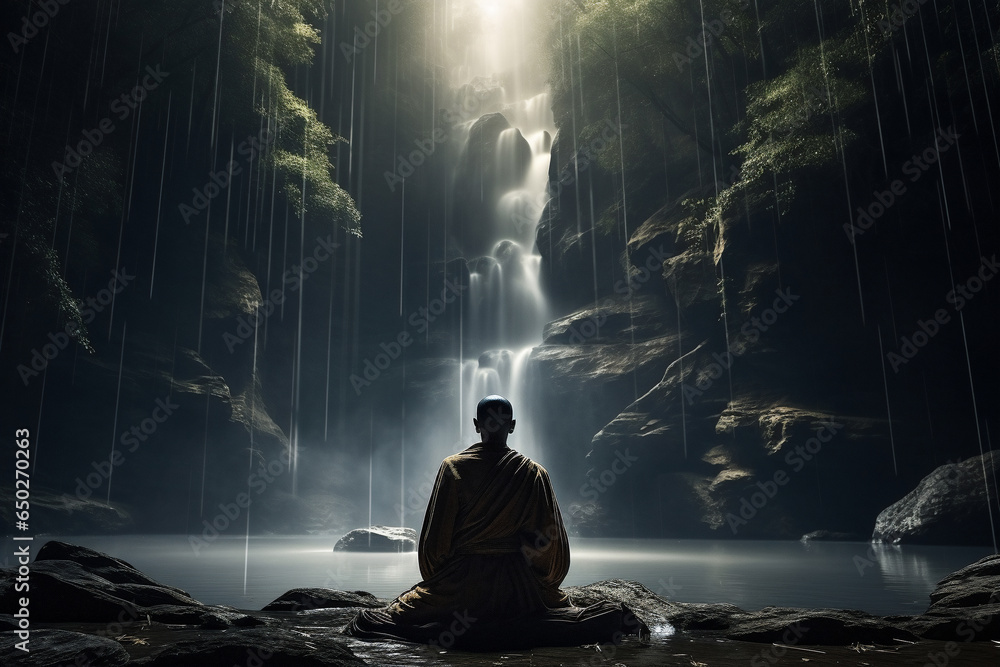 A traditional clothed religious monk is sitting an meditating with a concentrated floating in the air in the midst of a forest with  waterfall a spiritual place at night - obrazy, fototapety, plakaty 