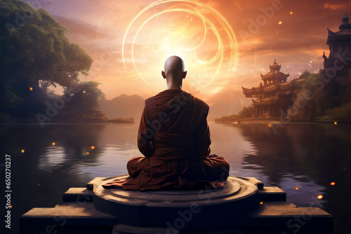 A traditional clothed spiritual monk is sitting an meditating with a concentrated in outer  space a spiritual place at sunset