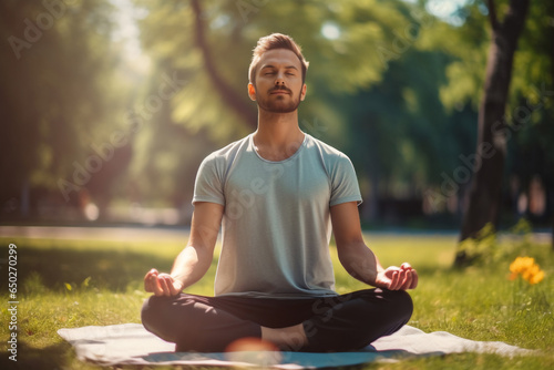 A group of young happy man is doing yoga exercises relaxed and mindfull with a yoga mat in a city beautiful park on a sunny day