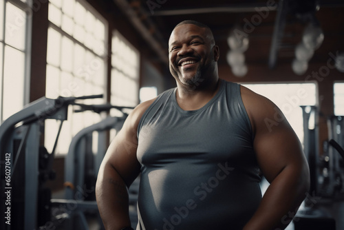 A beautiful strong and fit African American man is exercising concentrated and smiling with dumbnells in a beautiful gym ; an obese adult