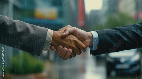 Two successful businessmen firmly shake hands to seal a lucrative business agreement