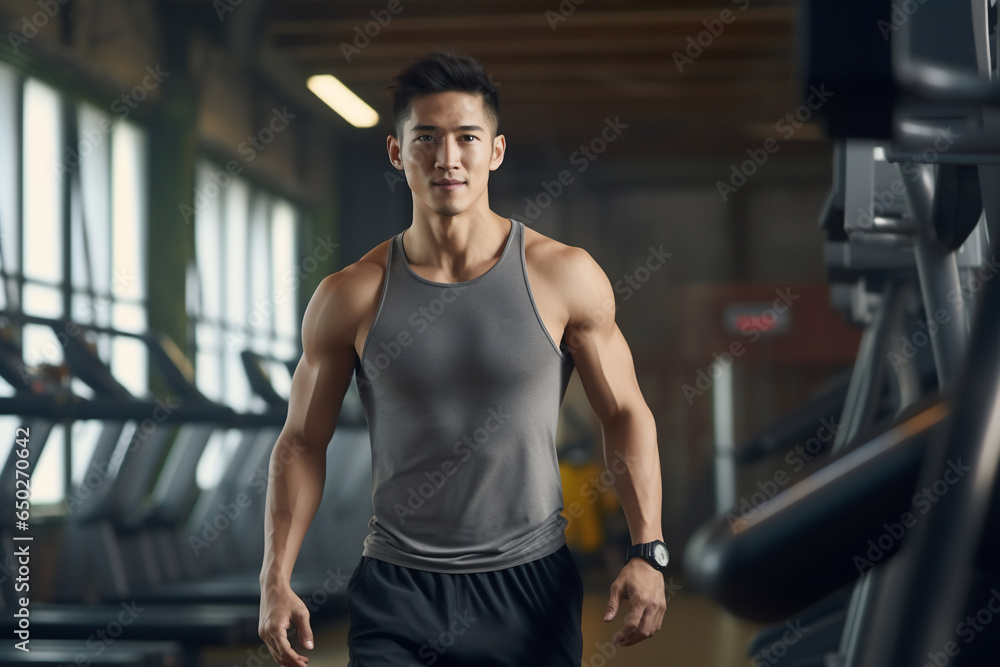A beautiful strong and fit Asian man is running concentrated and smiling with running shoes in a beautiful gym ; a fit and sexy slim person A beautiful strong and fit Asian man is running concentrated and smiling with running shoes in a beautiful gym ; a fit and sexy slim person