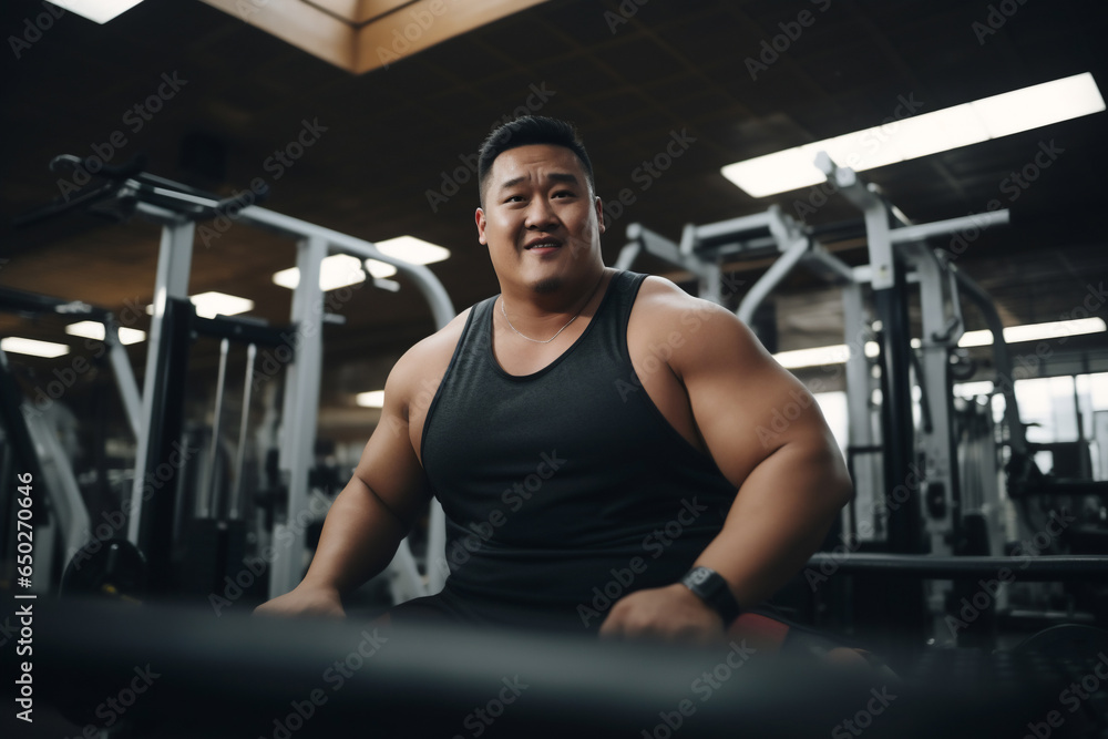 A beautiful strong and fit Asian man is exercising concentrated and smiling with dumbnells in a beautiful gym ;an obese young person A beautiful strong and fit Asian man is exercising concentrated and smiling with dumbnells in a beautiful gym ;an obese young person