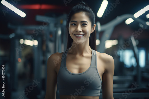 A beautiful strong Asian woman is exercising concentrated and smiling with dumbnells in a beautiful gym   a fit sexy and slim person © pangamedia