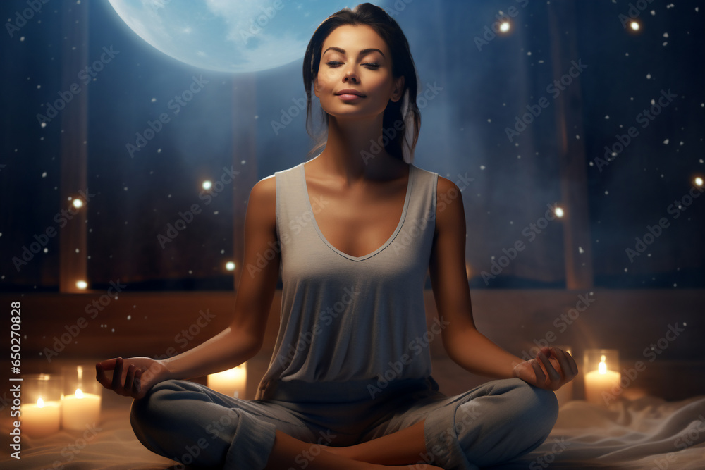 An Asian beautiful young and healthy woman is practicing yoga relaxed with a yoga mat in a living tranquil room with stars and full moon visible An Asian beautiful young and healthy woman is practicing yoga relaxed with a yoga mat in a living tranquil room with stars and full moon visible