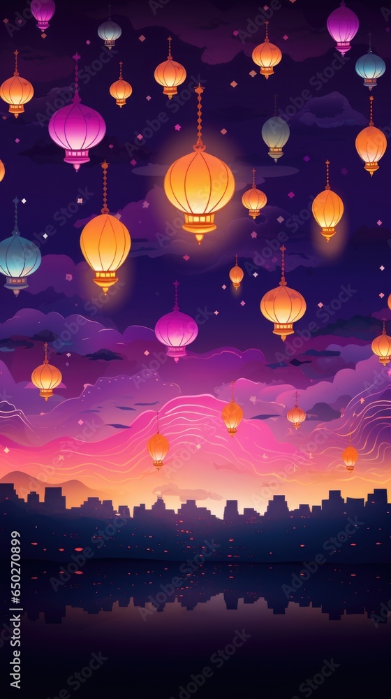 Lanterns background. Happy Diwali Festival of Lights. Group of lantern on Indian festive theme banner. Decorated Floating sky glowing lamp for holiday celebration of India greeting.. Lanterns background. Happy Diwali Festival of Lights. Group of lantern on Indian festive theme banner. Decorated Floating sky glowing lamp for holiday celebration of India greeting..