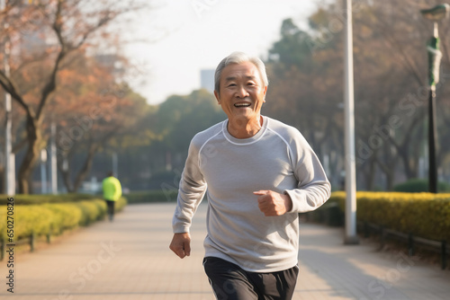 A beautiful strong and fit Asian man is running concentrated and smiling in a city beautiful park ; a fit senior person