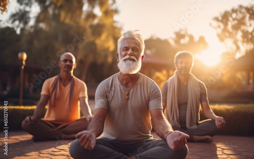 A group of senior happy man is doing yoga exercises relaxed and mindfull with a yoga mat in a city beautiful park at sunset