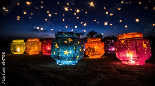 Lanterns background. Happy Diwali Festival of Lights. Group of lantern on Indian festive theme banner. Decorated Floating sky glowing lamp for holiday celebration of India greeting.. photo