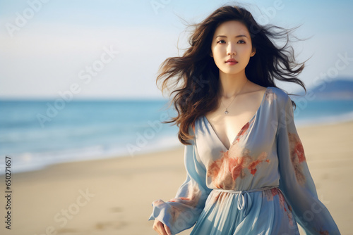 A young and beautiful asian woman is walking on the sand next to the waterline with a dress on an European beach with a calm ocean - autumn weather beach relaxing