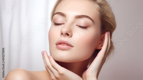 Fotografija beautiful blonde woman with  healthy skin looks at the camera and touches her face with her hands