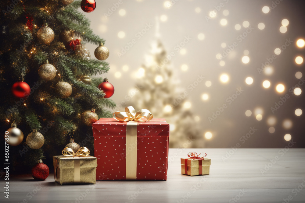 An one christmas gift box are on the floor in front of a decorated christmas tree with red christmas socks in a modern living light room christmas atmosphere