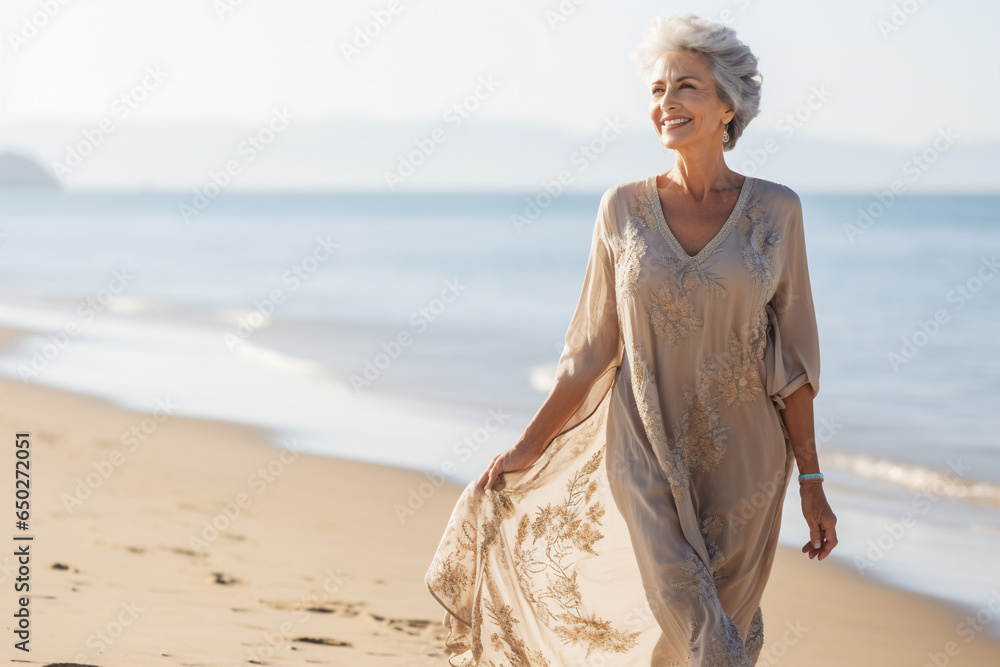 A senior old beautiful caucasian woman is walking on the sand with a dress on an European beach with a calm ocean - summer weather beach walk relaxing - obrazy, fototapety, plakaty 