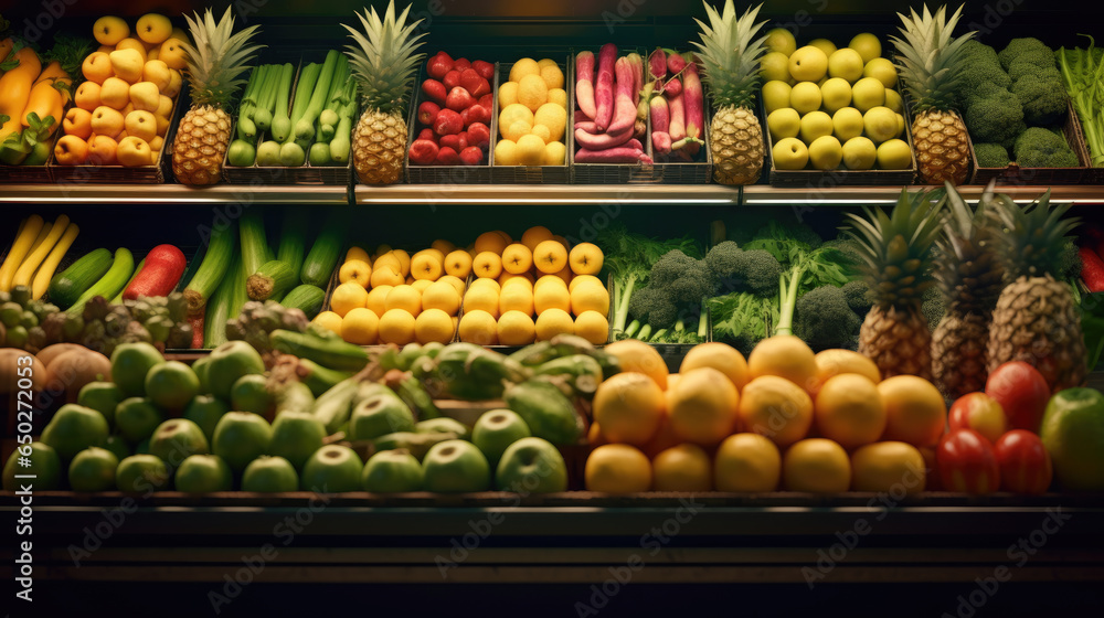 Fruits and vegetables neatly arranged on the refrigerated shelf of a supermarket