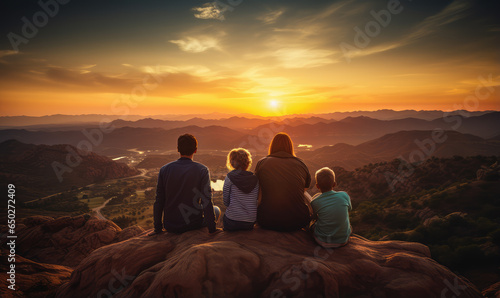Parents and children contemplating beautiful landscape on a gazebo in the silhouette of the sunset.