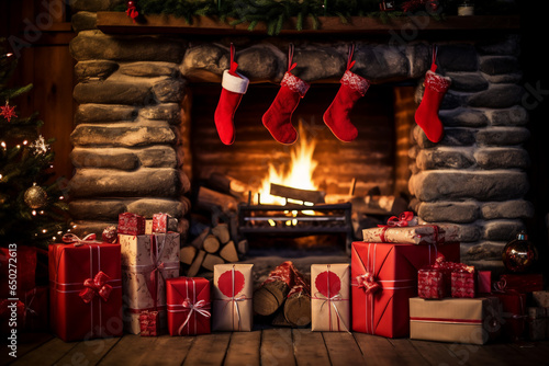 A several christmas package is on the floor in front of the chimney with red christmas socks in a wooden cabin or dark hut christmas atmosphere