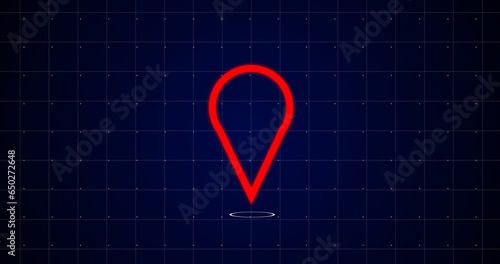 3D location pinpointer with circles forming under it, Live location sharing, and cyber security concept 3D map marker on tech bg. GPS direction route path locator. photo
