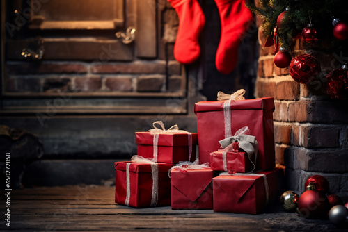 A several red christmas package is on the floor in front of the chimney with red christmas socks in an old room with worn out dark furniture christmas atmosphere