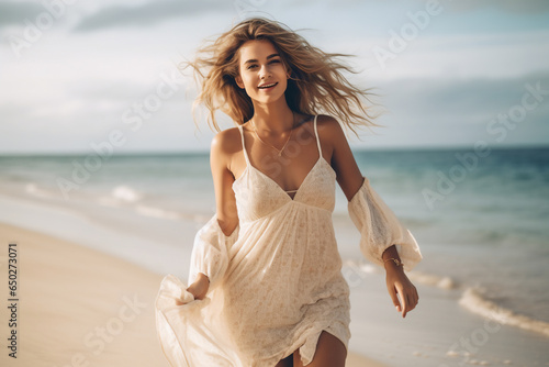 A young and beautiful caucasian woman is running on the sand with a dress on a tropical beach with a calm ocean - autumn weather beach relaxing