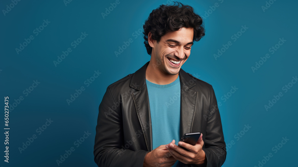 Happy smiling young man using his phone on a colored background. Happy smiling young man using his phone on a colored background.