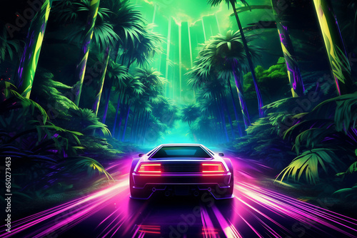 A light and fluorescent glowing geometric square is glowing brightly with a concept a background of creative cars neon fluorescent background banner wallpaper