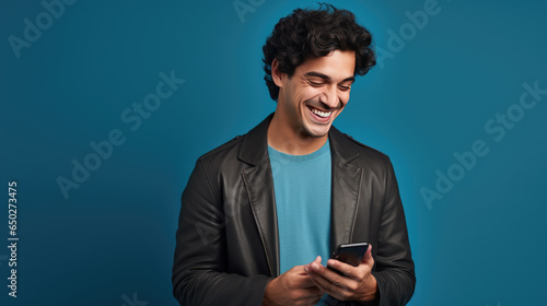 Happy smiling young man using his phone on a colored background.