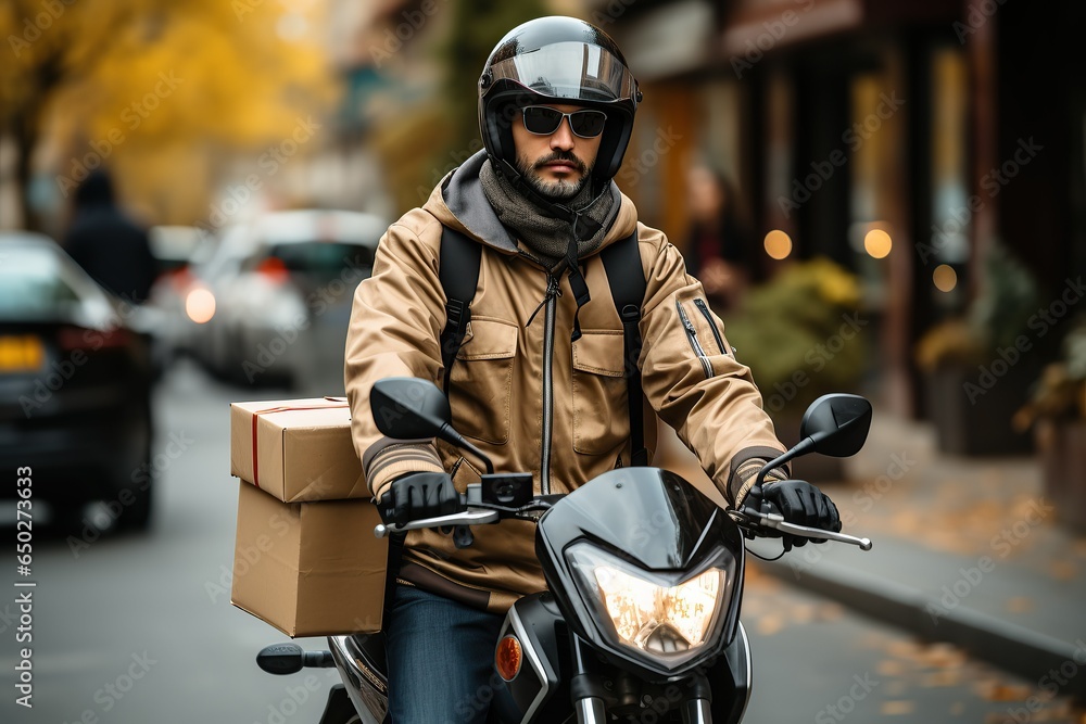 A courier delivers parcels on a scooter A courier delivers parcels on a scooter