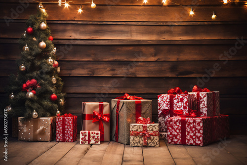 A several christmas package is on the floor in front of a decorated christmas tree with red christmas socks in a wooden cabin or dark hut christmas atmosphere
