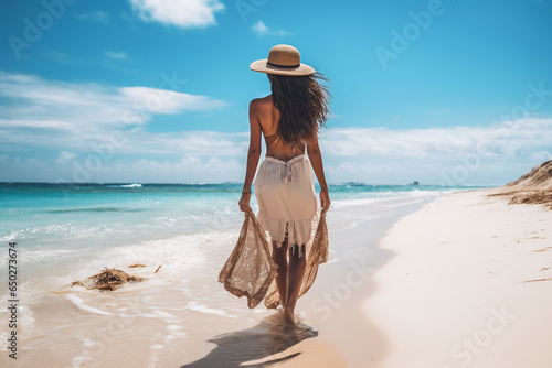 A young and beautiful latin woman is walking on the sand next to the waterline with a dress on a tropical beach with a calm ocean - summer weather beach walk relaxing