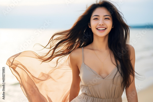 A young and beautiful asian woman is running on the sand with a dress on an European beach with a calm ocean - winter weather beach relaxing