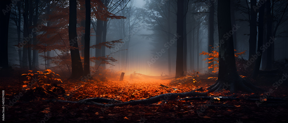 Autumn Foliage Forest DSLR Fog Night, Generative AI