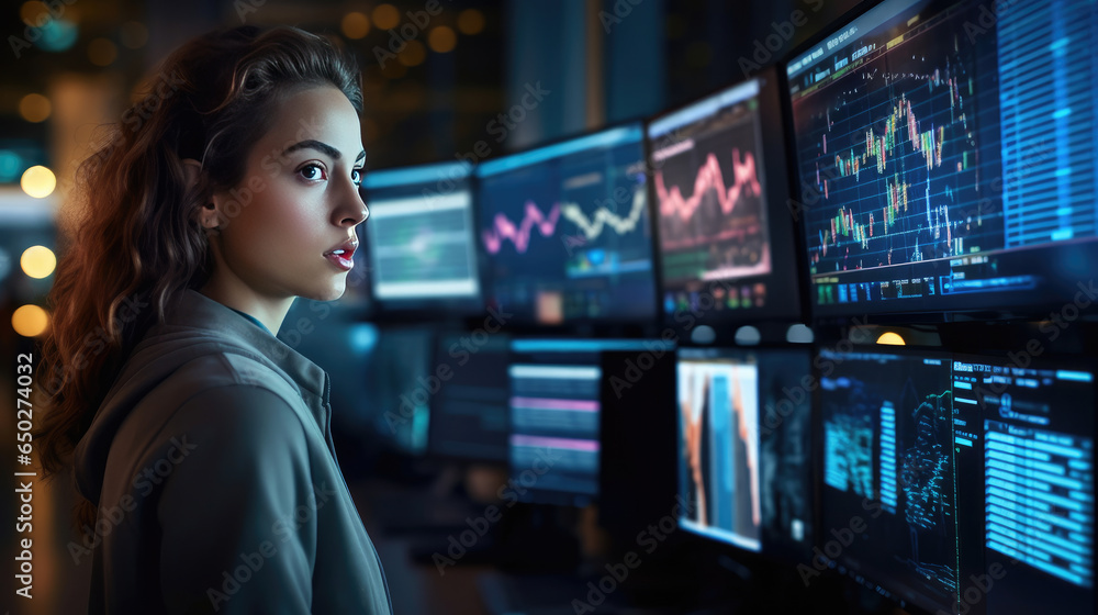 Close-up view of a young analyst woman in front of displays displaying complex market graphs Close-up view of a young analyst woman in front of displays displaying complex market graphs