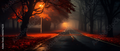 Autumn Foliage Forest DSLR Fog Night Road in the Center, Generative AI