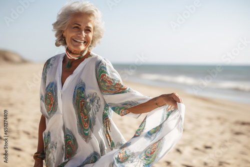 A senior old beautiful latin woman is walking on the sand next to the waterline with a dress on an European beach with a calm ocean - spring weather beach relaxing