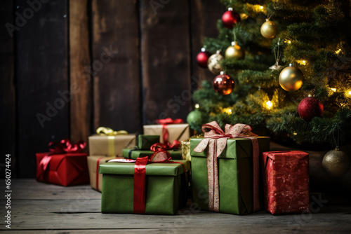 A several green christmas package is on the floor in front of a decorated christmas tree with red christmas socks in a wooden cabin or dark hut christmas atmosphere