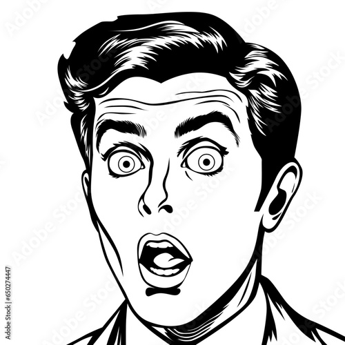 Surprised young man with wide open eyes and open mouth, vector illustration in retro pop art comic style, black and white outline