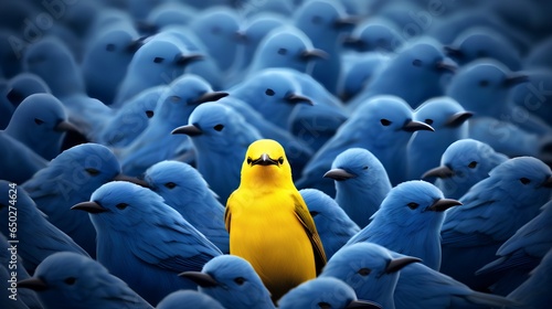 A vibrant yellow bird stands out in a crowd of identical blue birds, symbolizing individuality, uniqueness, and the courage to be different in a conformist society.