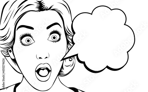 Beautiful woman with wide open eyes and speech bubble, vintage pop art comic style, vector illustration, outline