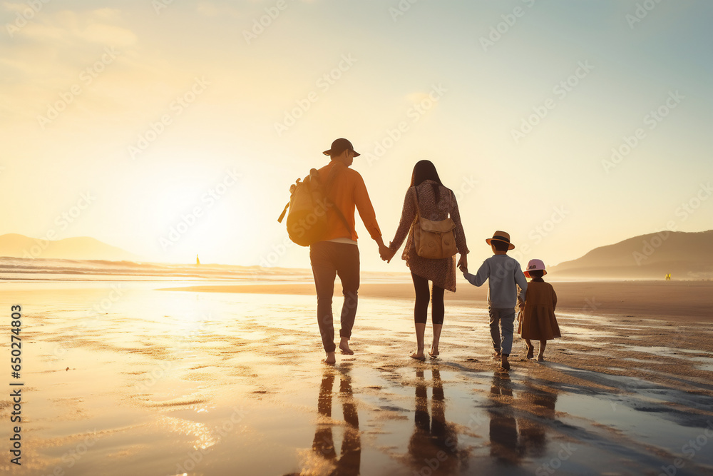 A happy asian family is walking on the sand next to the waterline with in winter clothing on a tropical during sunset beach - an active family: family and relaxing time concept on vacacion - obrazy, fototapety, plakaty 