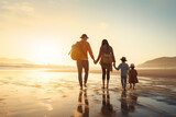 A happy asian family is walking on the sand next to the waterline with in winter clothing on a tropical during sunset beach - an active family: family and relaxing time concept on vacacion