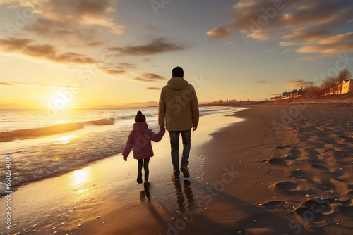 A happy asian father and daughter are walking on the sand next to the waterline with in winter clothing on a European during sunset beach - an active family: family and relaxing time concept on vacaci photo