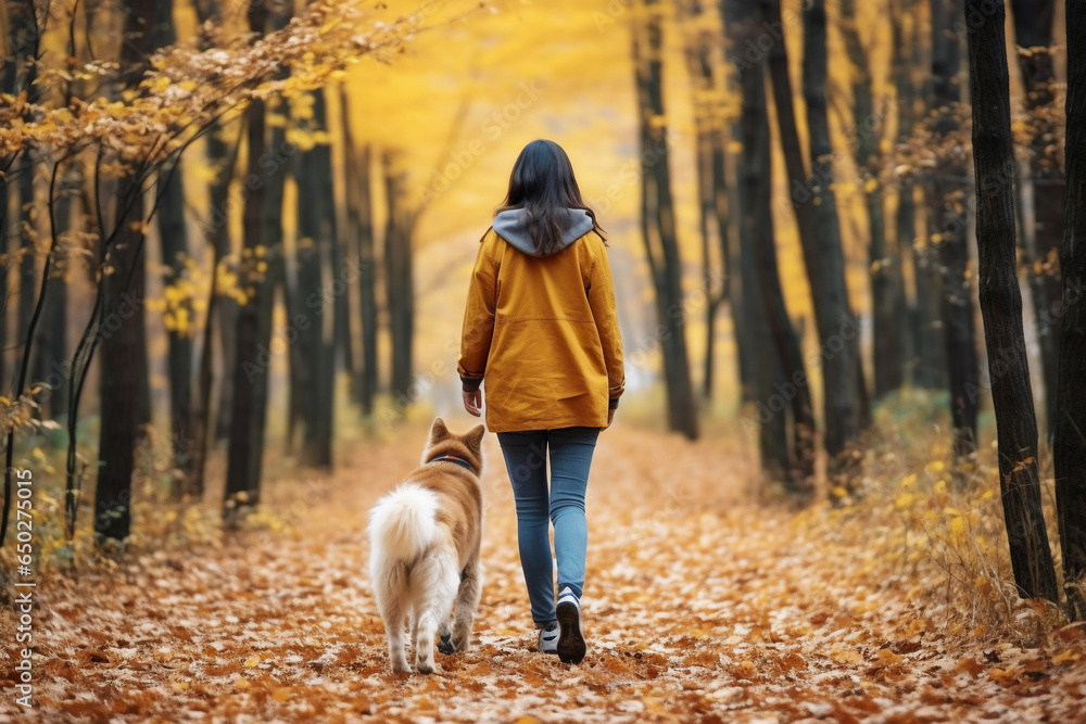 Fototapeta premium A young asian woman is walking happy on a forest trail with a dog on a leash in a old and tranquil forest seen from behind - vibrant autumn coloration of leaves on a walk in spare or free time