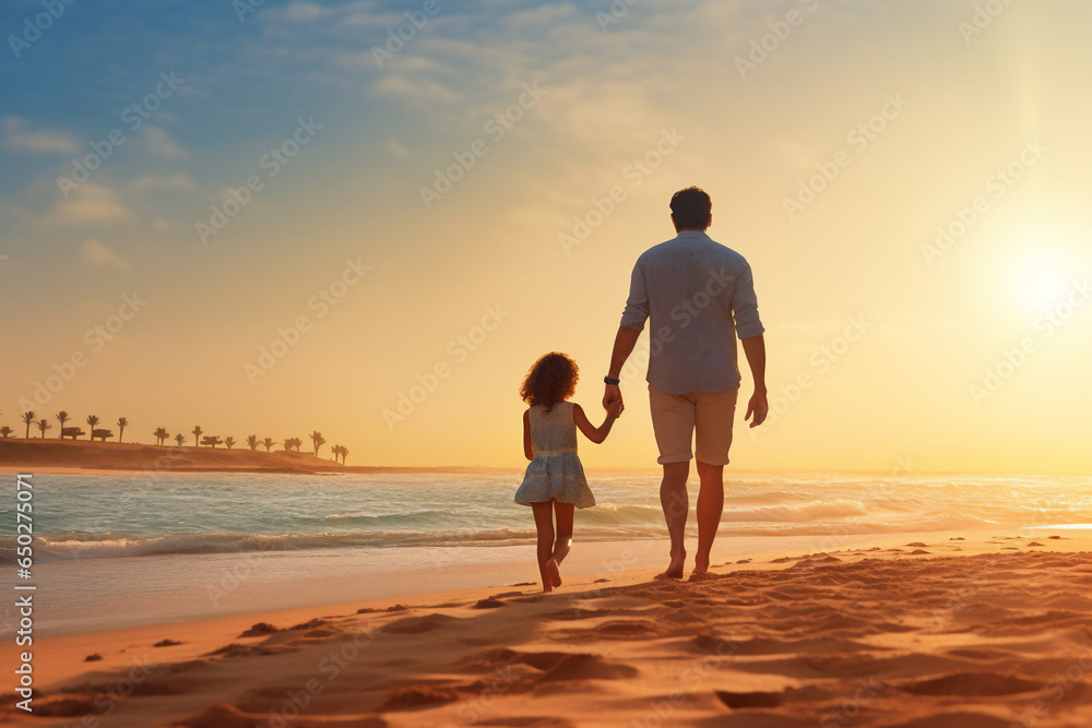 A happy latin father and daughter are walking on the sand next to the waterline with in summer clothing on a European during sunset beach - an active family: family and relaxing time concept on vacaci