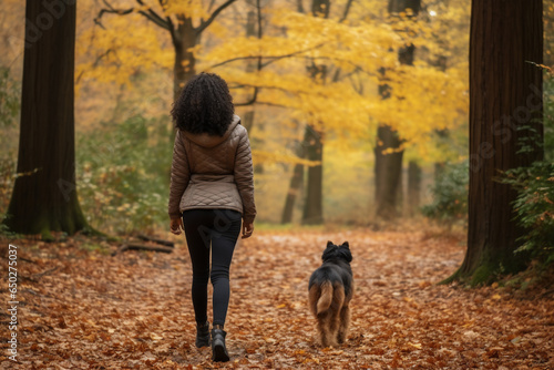A young african american woman is walking happy on a forest trail with a dog running around in a old and tranquil forest seen from the back - vibrant autumn coloration of leaves on a walk in spare or 