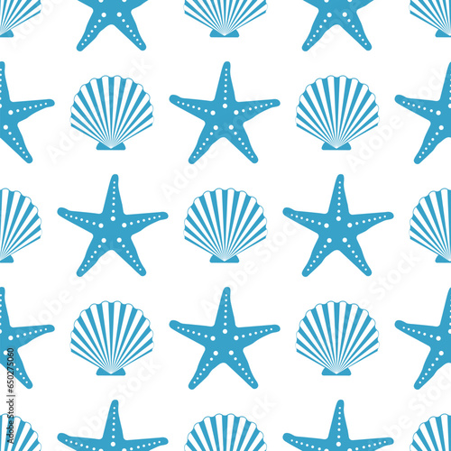 Starfish and seashell marine seamless pattern